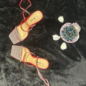 Women Rhinestone Decor Stiletto Heeled Strappy, Red Sandals Size 10 Used